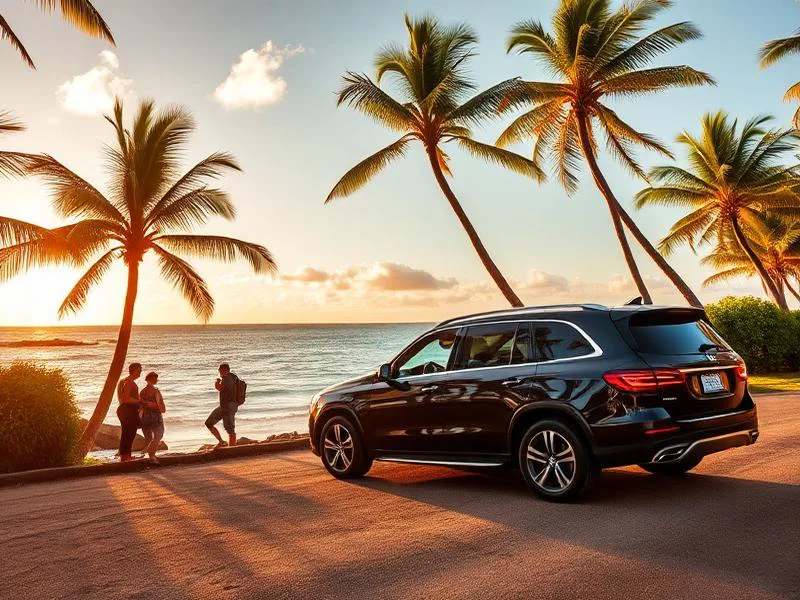 Private tour vehicle with guests on a Hawaii coastal road at sunset