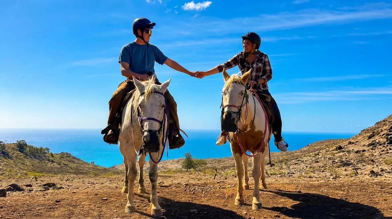 A couple on horseback holding hands while riding horses on a scenic hillside trail with blue sky and ocean views in the background.