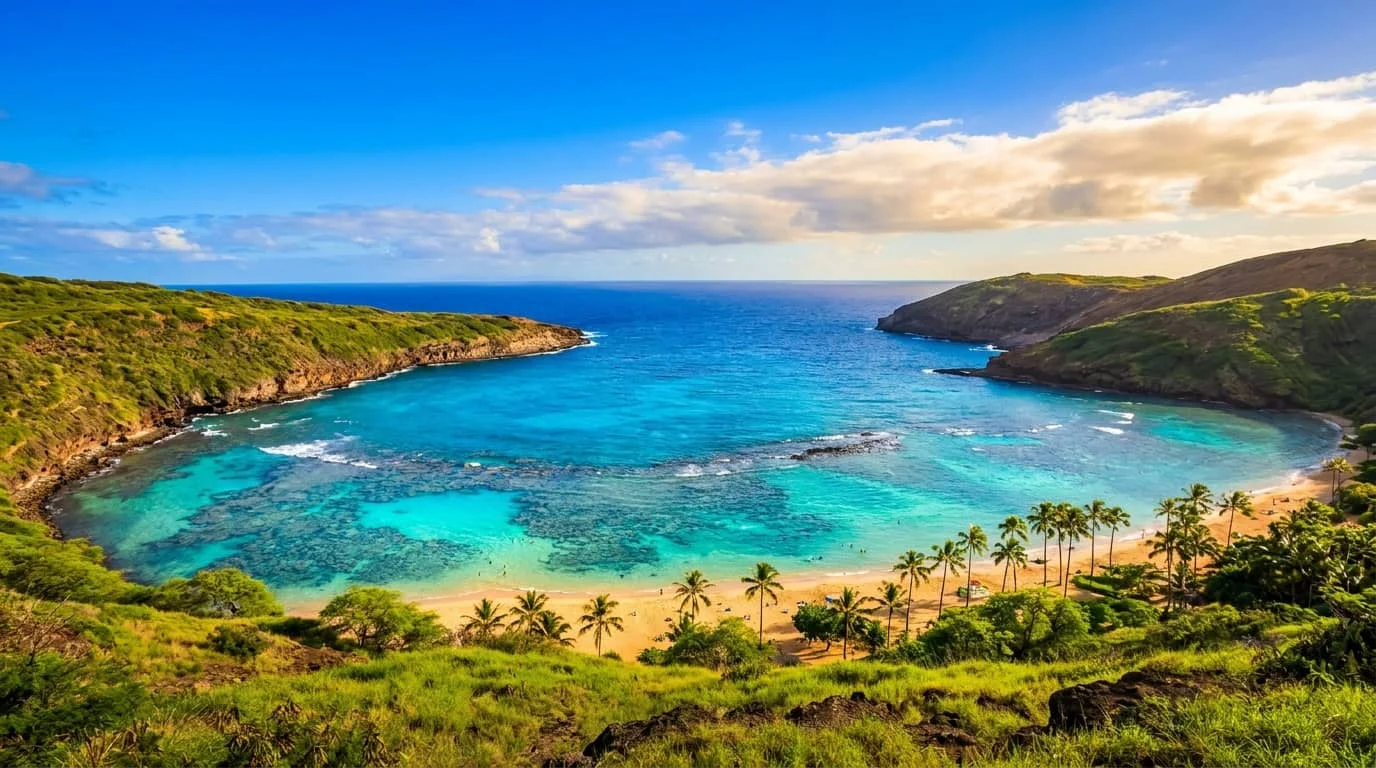 Aerial view of a pristine tropical bay with turquoise blue water, golden sand beach lined with palm trees, surrounded by lush green hills and volcanic cliffs under a partly cloudy sky.