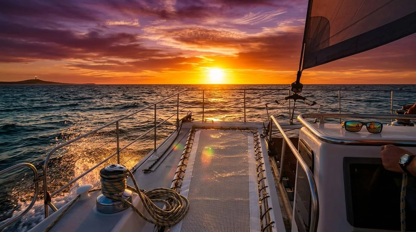 View from the deck of a sailing boat at sunset, showing the boat's rigging, safety railings, and rope equipment with the sun setting over the ocean horizon.