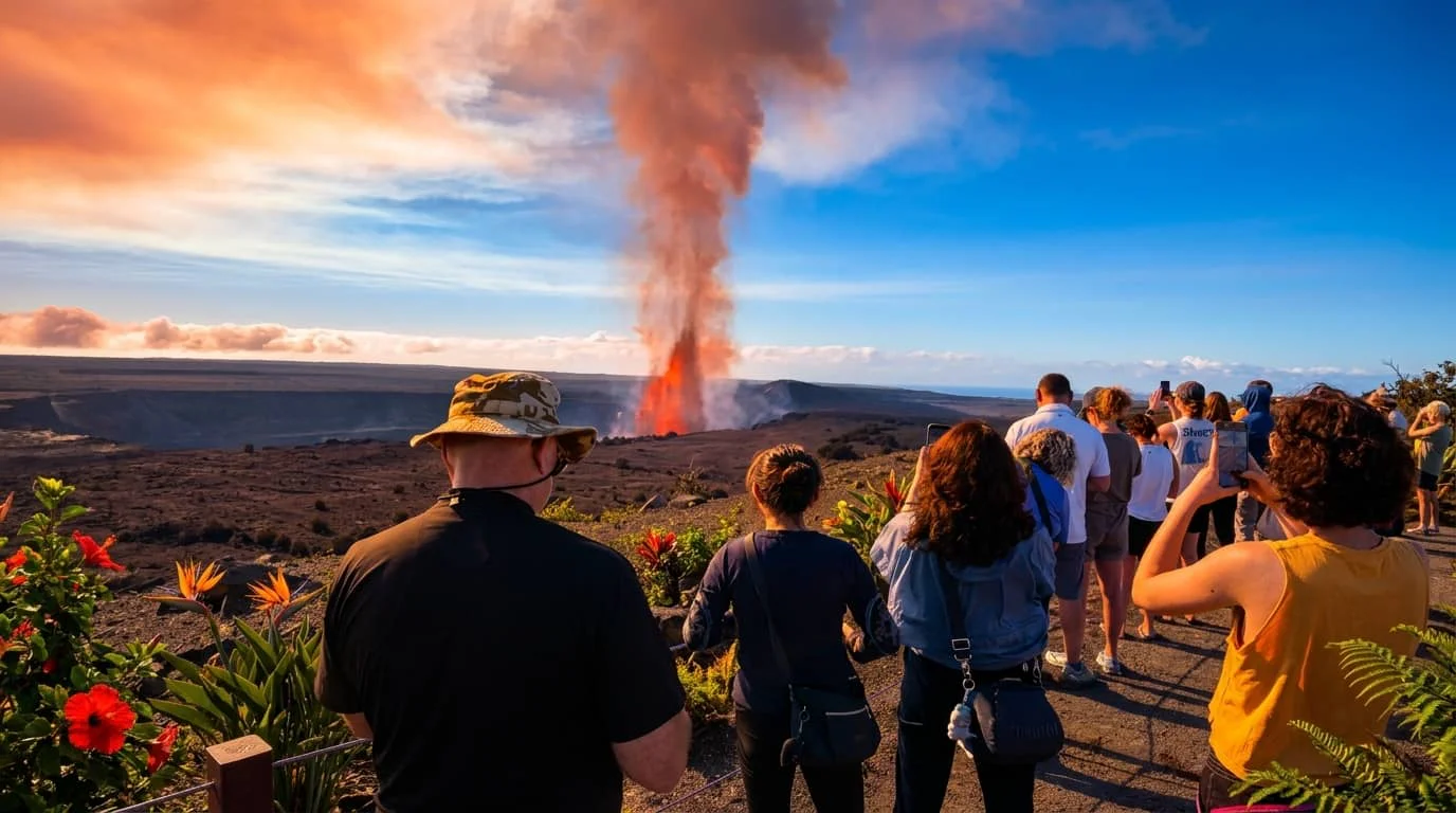 A group of tourists watching an active volcanic eruption with orange lava fountain and smoke plume rising from crater, set against a dramatic sunset sky with tropical plants in foreground.