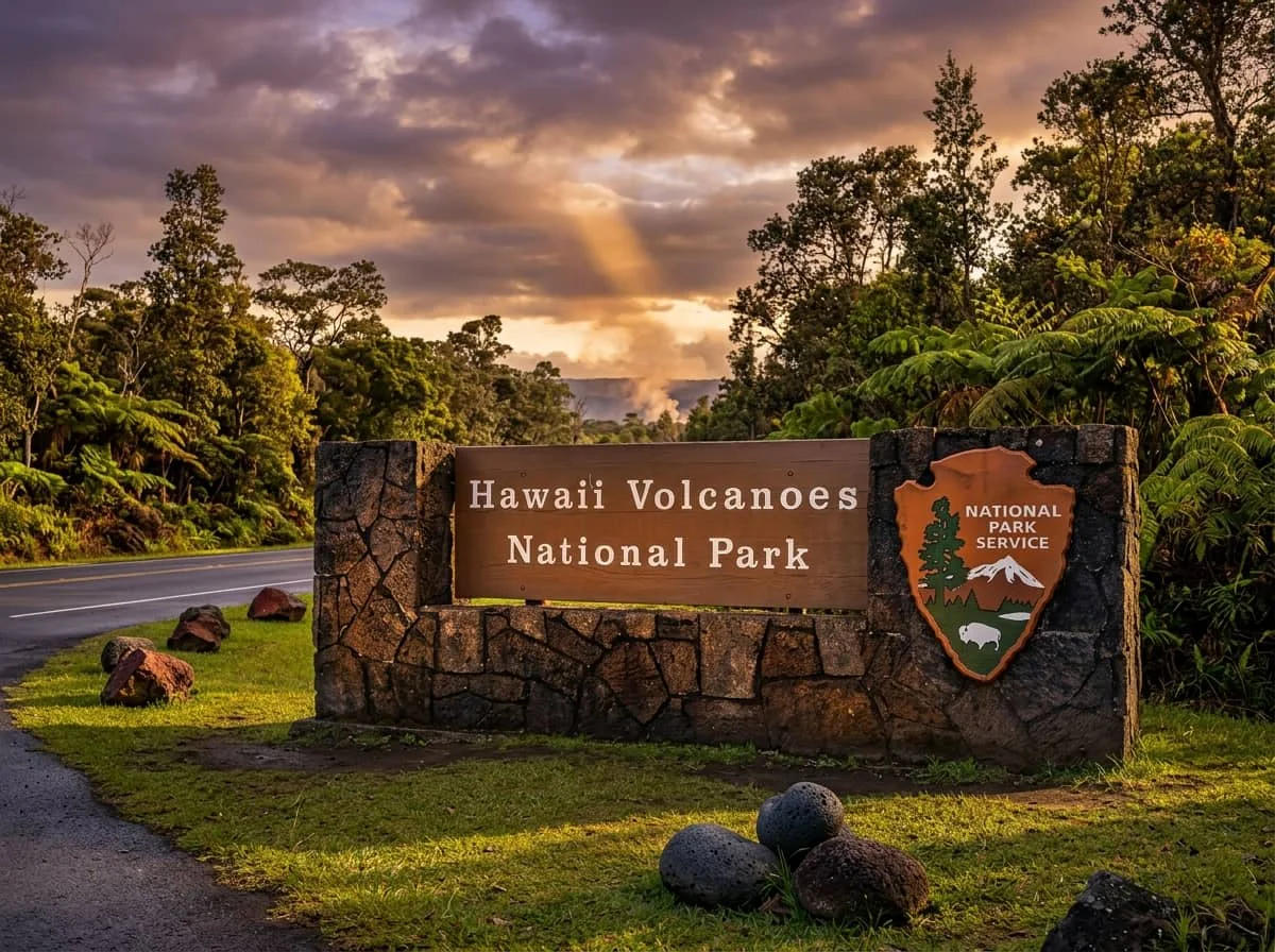 Stone entrance sign for Hawaii Volcanoes National Park with National Park Service logo, surrounded by lush tropical vegetation under a dramatic sunset sky.