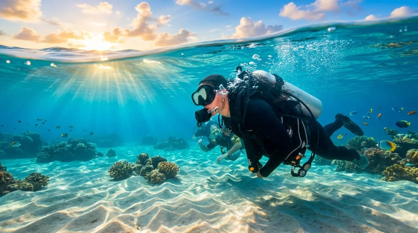 A scuba diver in full gear swimming underwater near a coral reef with tropical fish, with sunlight streaming down from the surface above.