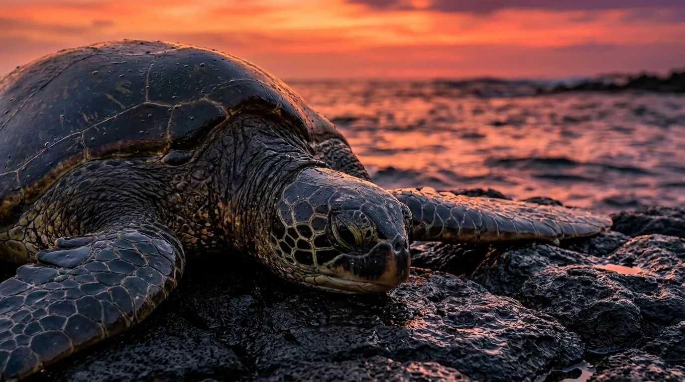 A Hawaiian green sea turtle resting on volcanic rock at sunset with orange and purple sky reflected in ocean waves in the background.