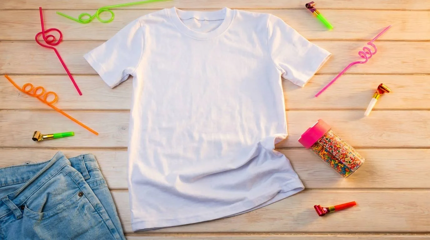 A white t-shirt and blue jeans laid out on wooden planks with colorful party supplies including noise makers, confetti, and celebration accessories scattered around them.