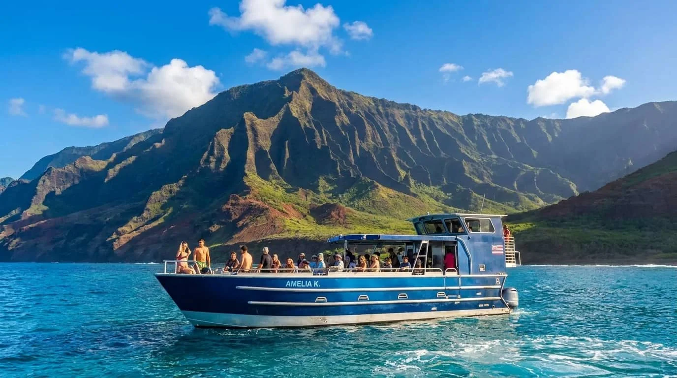 A blue tour boat named Amelia K. carrying passengers along the dramatic coastline of Kauai's Na Pali cliffs with turquoise ocean waters and mountainous green ridges in the background.