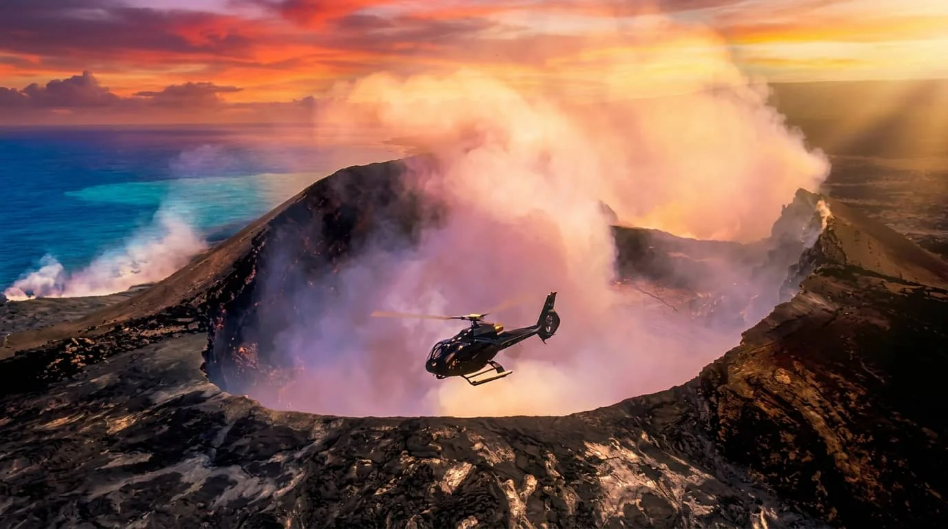 A helicopter flying over an active volcanic crater with billowing steam and smoke, with ocean visible in the background during sunset.