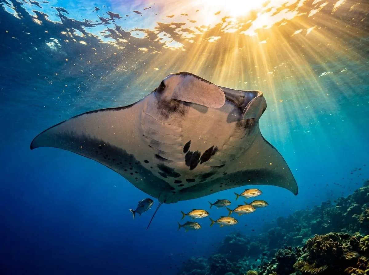 A large manta ray swimming underwater with sunlight streaming down from above and small tropical fish nearby in clear blue ocean water.