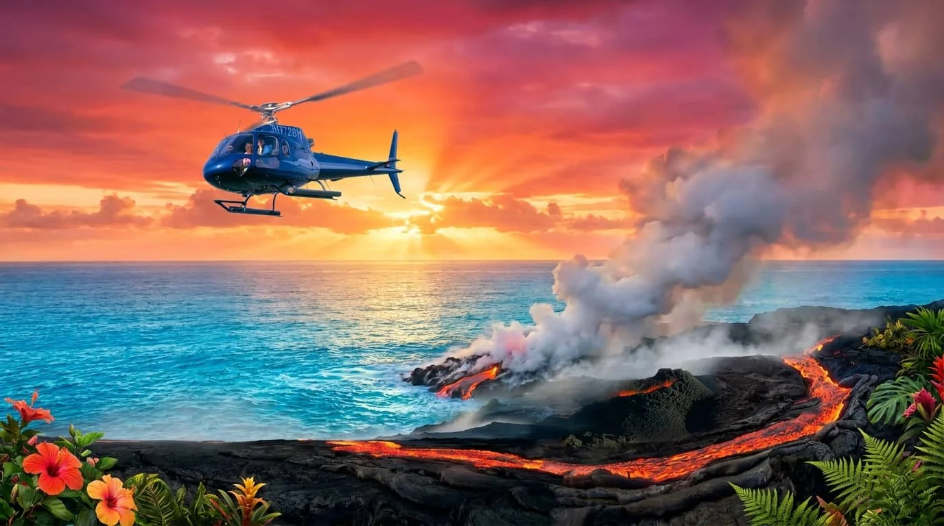 Blue helicopter flying over an active volcanic coastline with flowing lava meeting the ocean, creating steam clouds against a dramatic sunset sky with tropical flowers in the foreground.