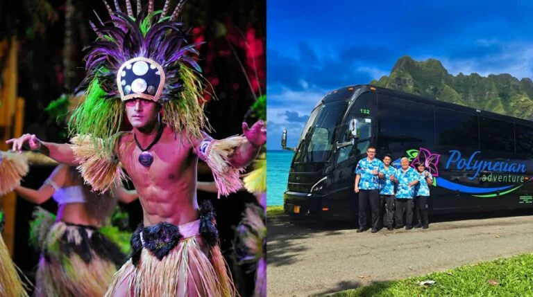 Split image showing a Polynesian cultural performer in traditional feathered costume and headdress on the left, and tourists posing with a Polynesian Adventure tour bus against mountain backdrop on the right.