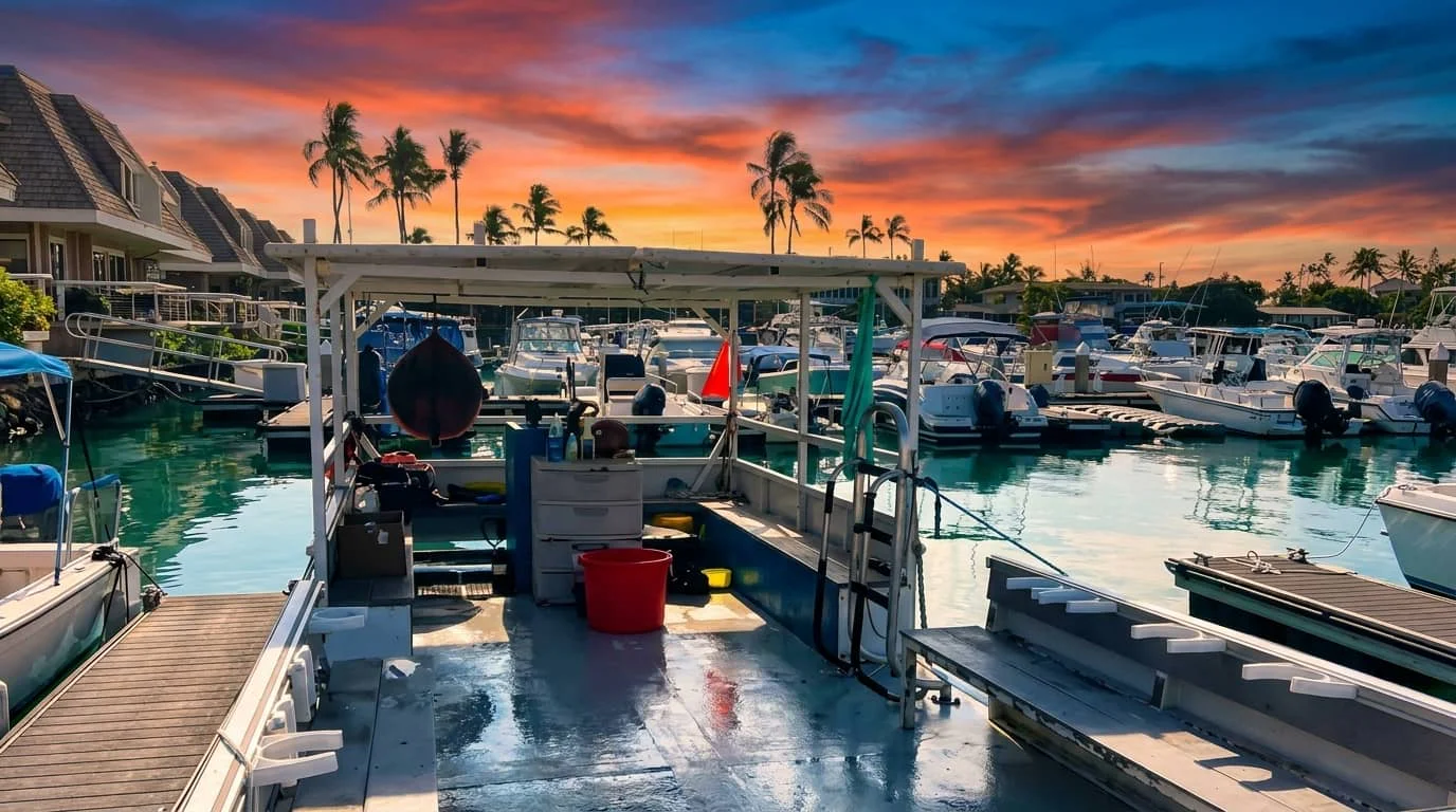 A marina at sunset filled with various boats and watercraft docked at wooden piers, with palm trees and colorful orange and blue sky in the background.
