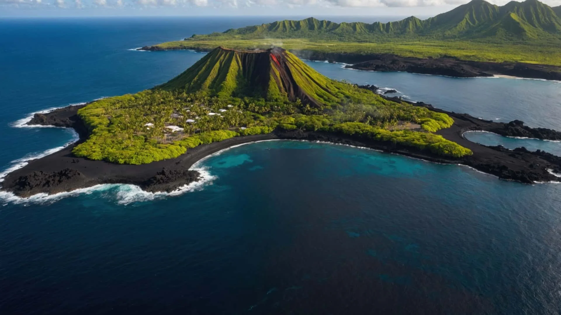 Aerial view of a lush volcanic island with a crater in Hawaii
