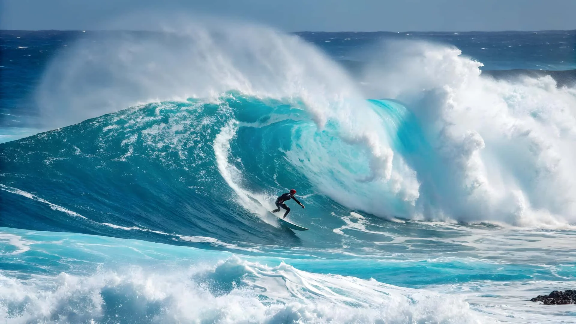 Surfing a large wave in Hawaii Surfer riding a large ocean wave in Hawaii during a surfing session