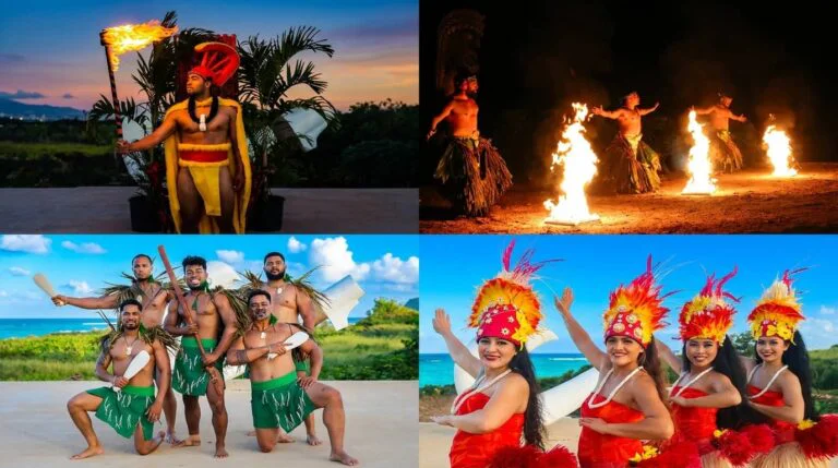 Four images showing Hawaiian cultural performances including a warrior with torch and traditional dress, fire dancers performing at night, male dancers in green ti leaf skirts holding paddles, and female hula dancers in red dresses with feathered headdresses.