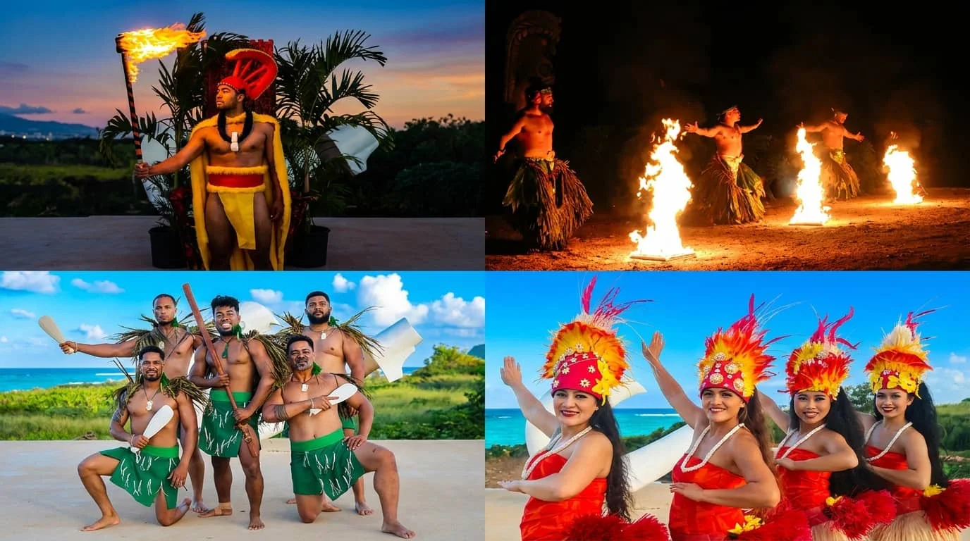 Four images showing Hawaiian cultural performances including a warrior with torch and traditional dress, fire dancers performing at night, male dancers in green ti leaf skirts holding paddles, and female hula dancers in red dresses with feathered headdresses.