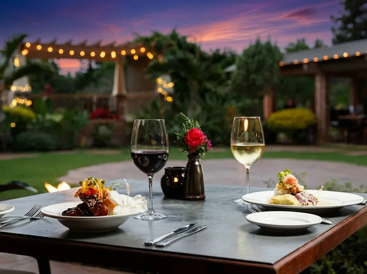 An elegant outdoor dinner table set for two with wine glasses, gourmet plates, and a small floral centerpiece, with string lights and a purple sunset sky in the background.