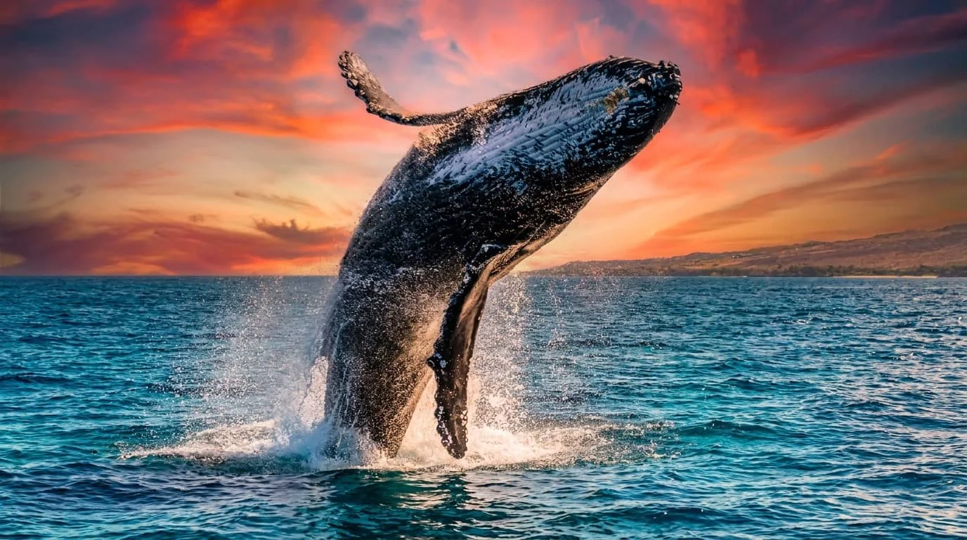 A humpback whale breaching out of the ocean water with a dramatic orange and pink sunset sky in the background.