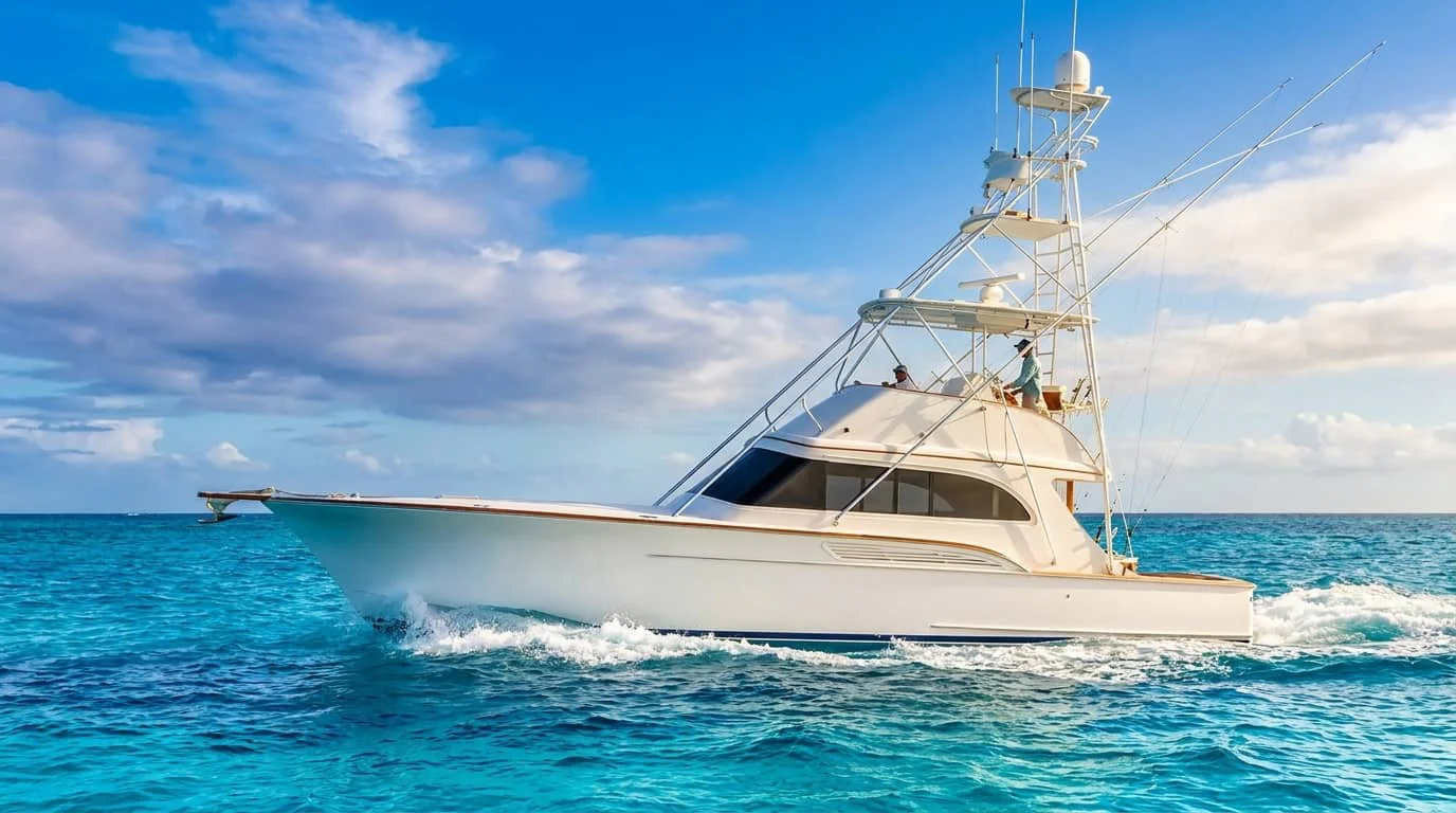 A white sport fishing boat with a tall tower cruising through bright blue Hawaiian waters under a partly cloudy sky.
