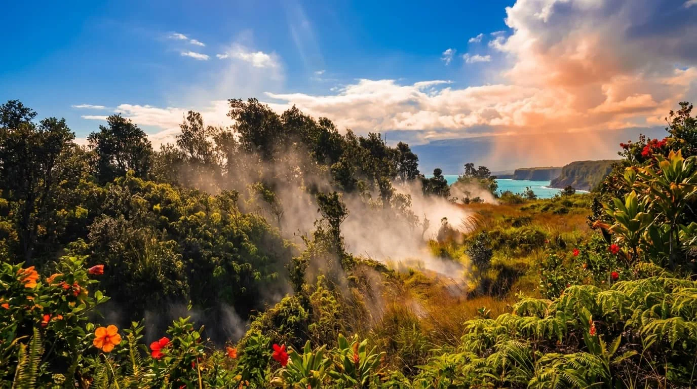 Steam rises from natural geothermal vents in a lush tropical landscape with colorful flowers in the foreground and ocean cliffs visible in the distance under a dramatic sky.