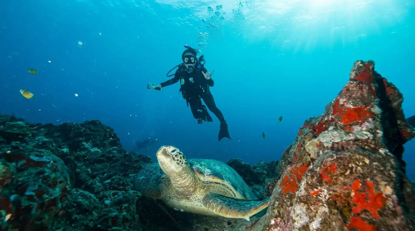 A scuba diver in full gear swimming underwater near a large green sea turtle resting on a colorful coral reef with orange and red coral formations.
