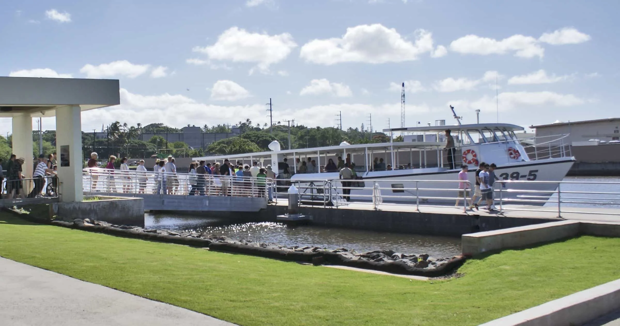 USS Arizona Memorial at Pearl Harbor, Oahu, Hawaii, seen across the water