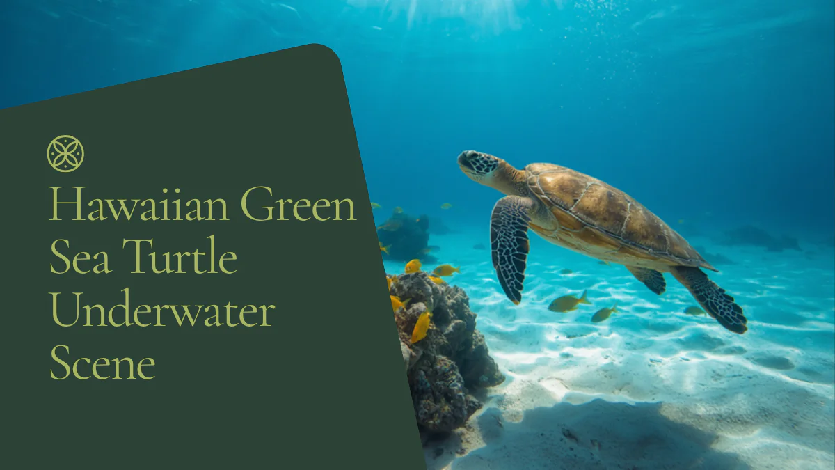 A Hawaiian green sea turtle hovering above a coral head while reef fish clean algae from its shell