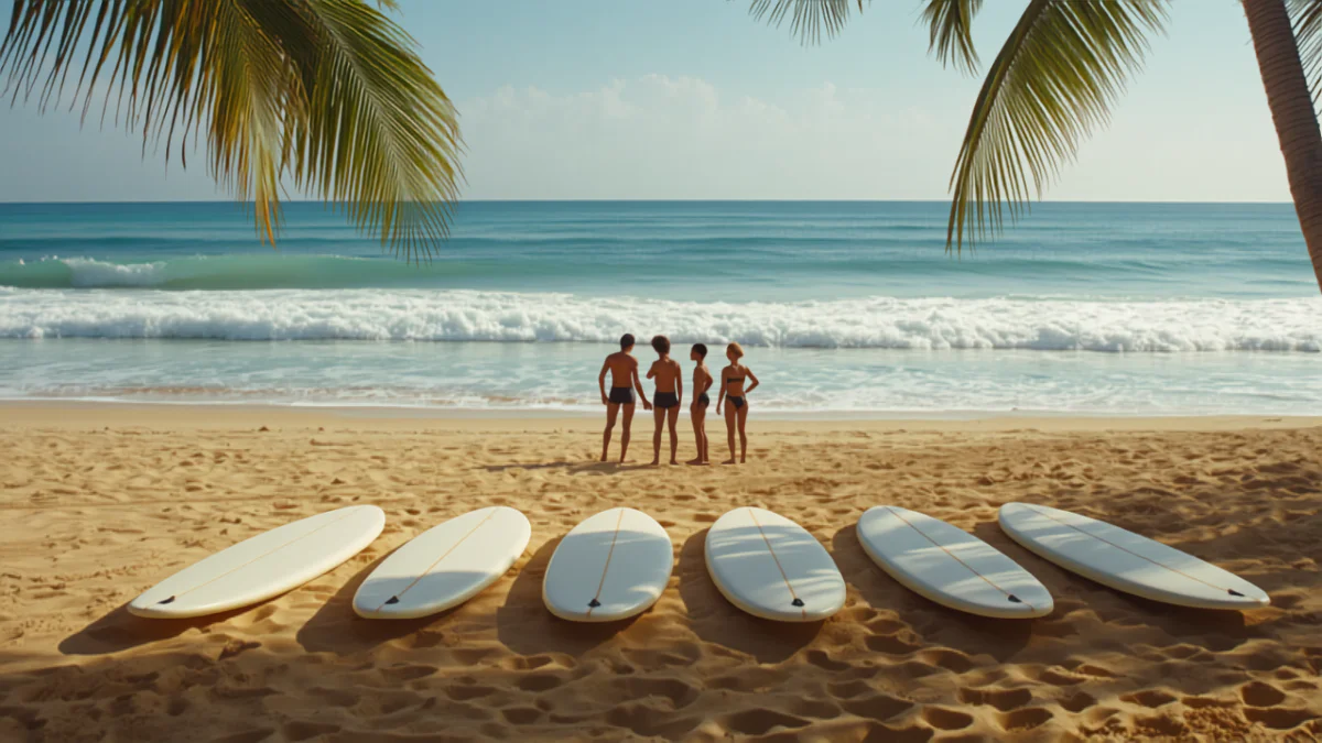 Six soft-top surfboards laid out on the sand for a group surf lesson on a Hawaiian beach