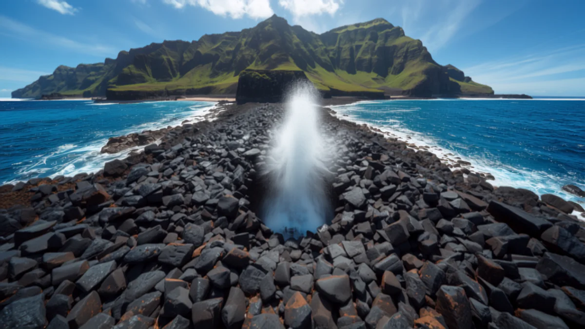 Waves surging into the lava rock shoreline at Halona Blowhole on the southeast coast of Oahu