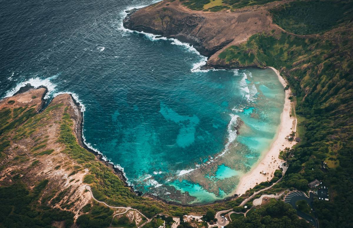 Aerial helicopter view of Hanauma Bay, a volcanic crater bay on Oahu, Hawaii