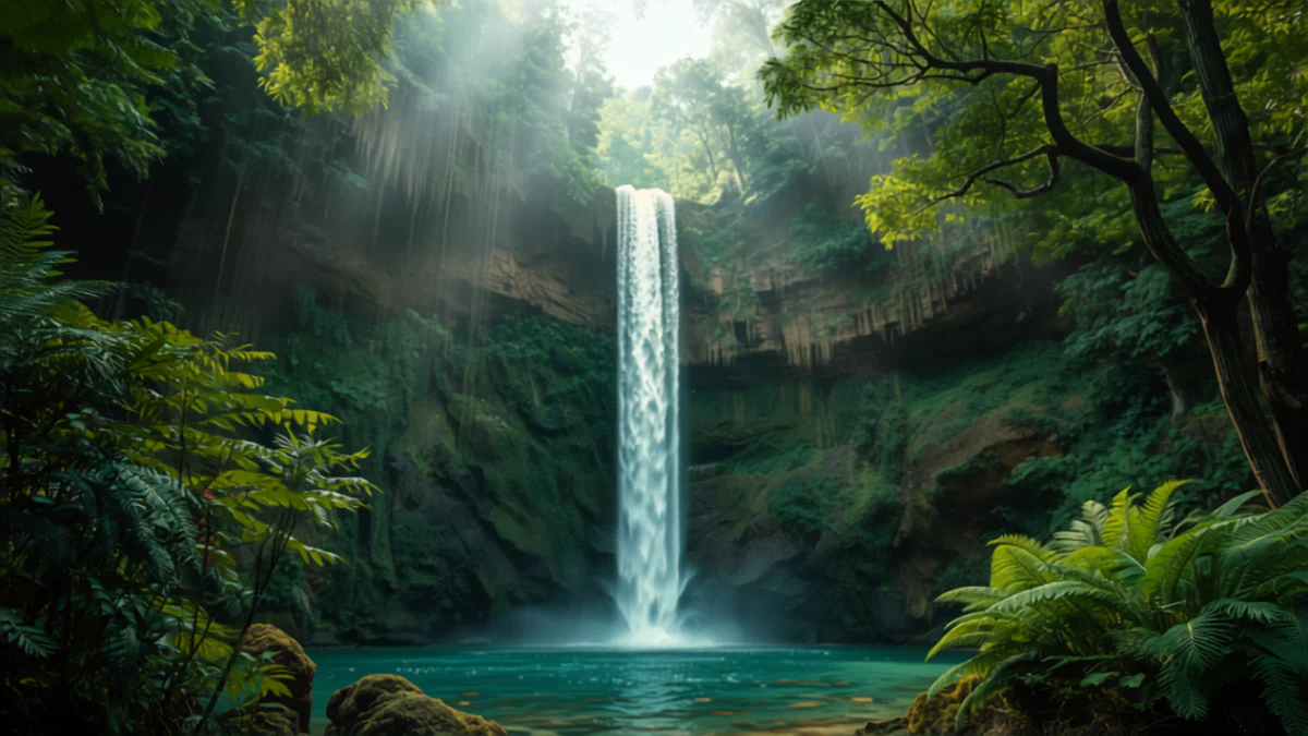 A tall thin waterfall dropping down a mossy basalt cliff into a pool in a lush Hawaiian rainforest