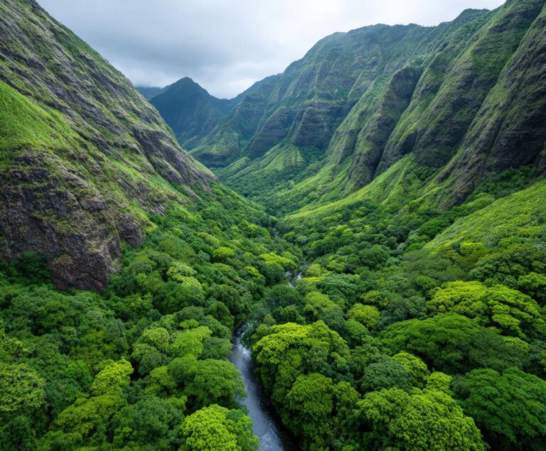 Lush green valley and ridgelines on the island of Kauai, Hawaii