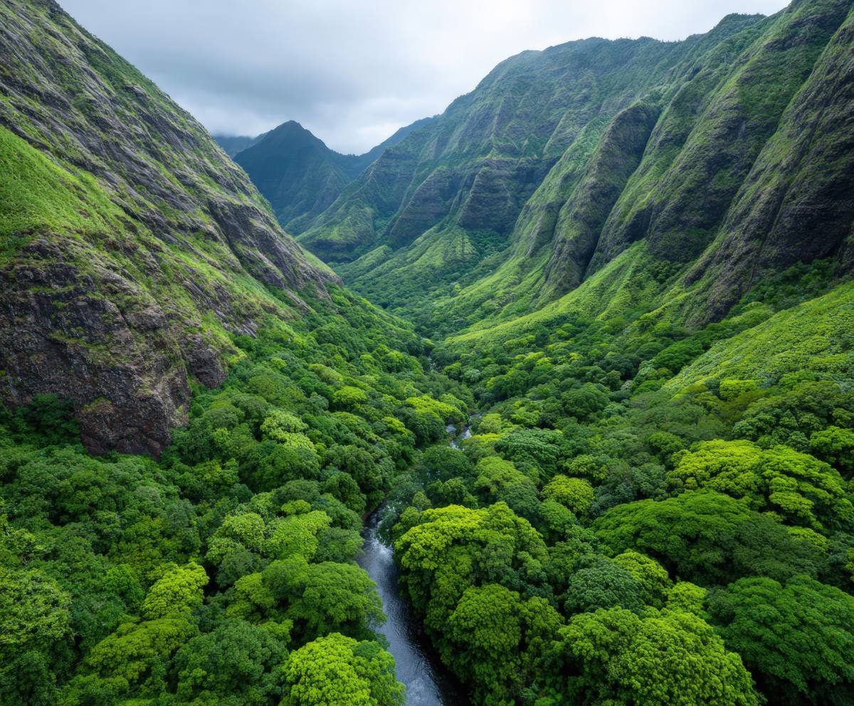 Lush green valley and ridgelines on the island of Kauai, Hawaii