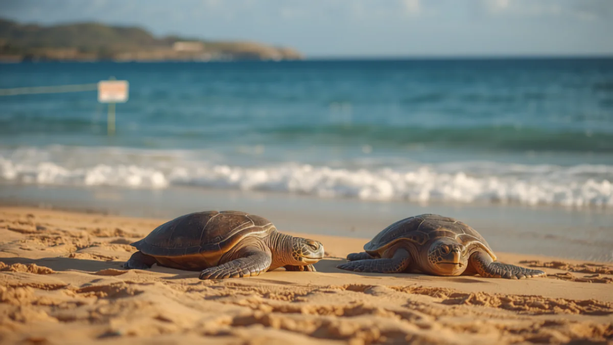 Two Hawaiian green sea turtles resting on the sand at Laniakea Beach on the North Shore of Oahu