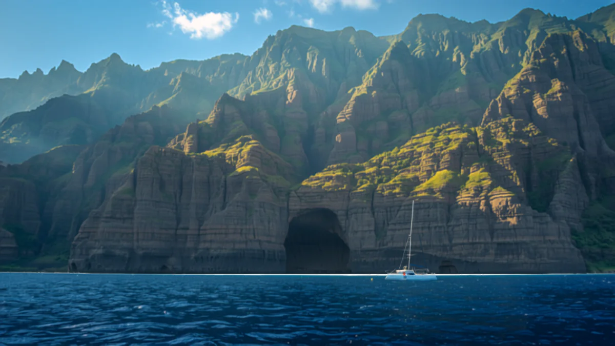 Towering fluted green sea cliffs of the Na Pali Coast on Kauai dropping into deep blue ocean