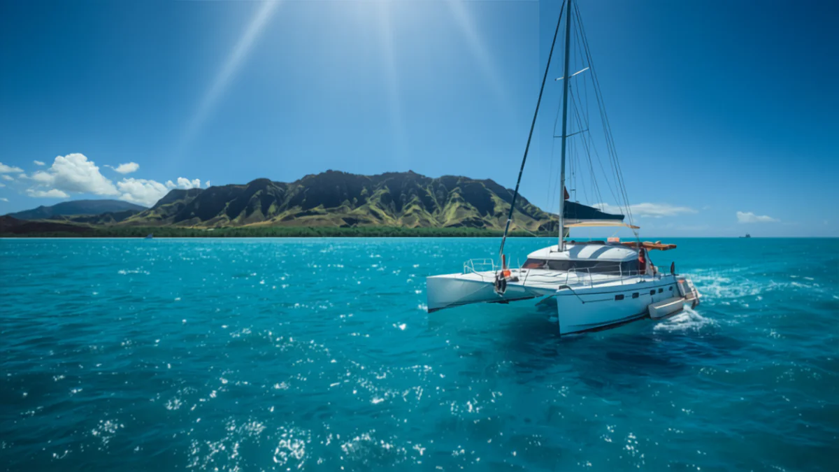 A white sailing catamaran anchored in clear turquoise water off the North Shore of Oahu near Haleiwa