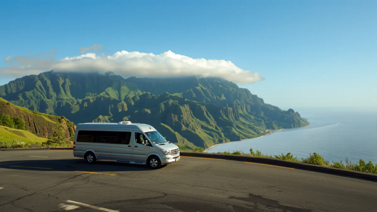The fluted green Koolau cliffs and windward coast seen from the Nuuanu Pali Lookout on Oahu