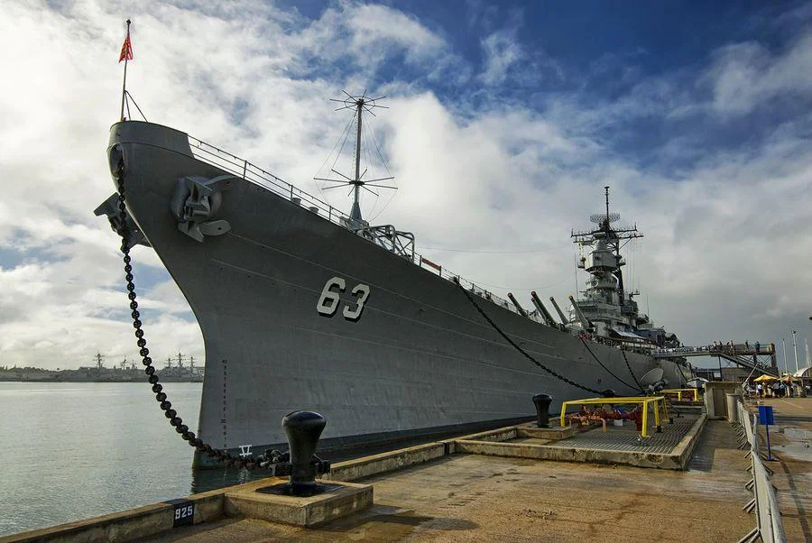 Battleship at Pearl Harbor with visitors on deck, Oahu, Hawaii