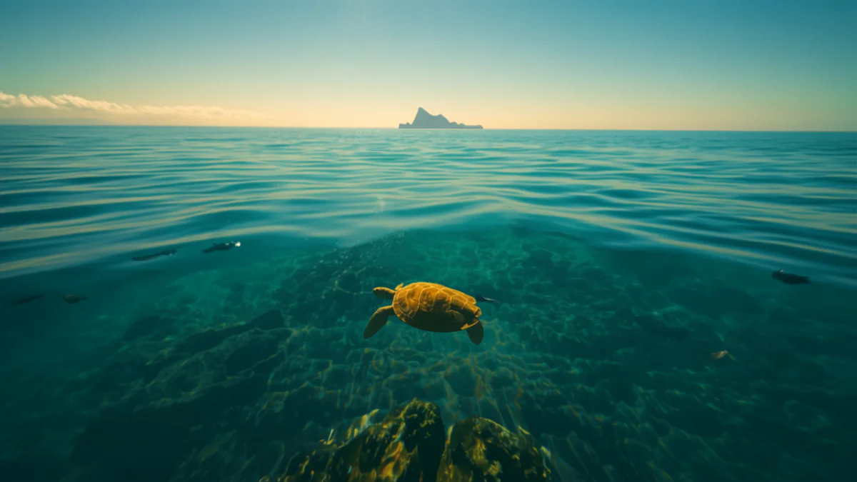 A green sea turtle swimming over a shallow reef in clear water at Turtle Canyon off Waikiki, Oahu
