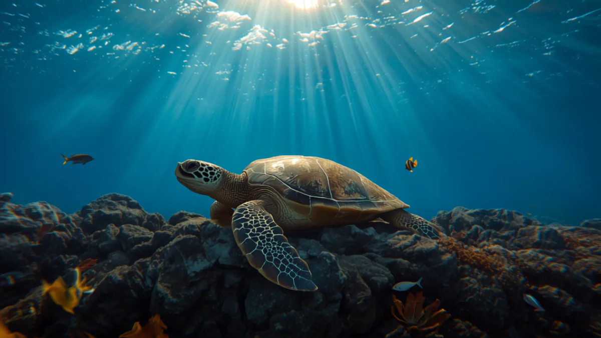 A Hawaiian green sea turtle resting on a lava rock reef ledge at Turtle Town off south Maui