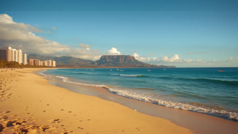 Waikiki Beach on Oahu looking east toward the flat-topped Diamond Head crater, with gentle rolling waves