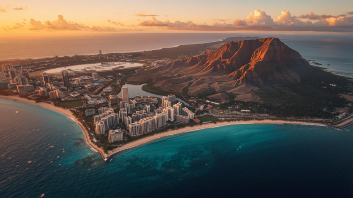 Aerial view of Waikiki beachfront and the flat-topped Diamond Head crater on Oahu at golden hour