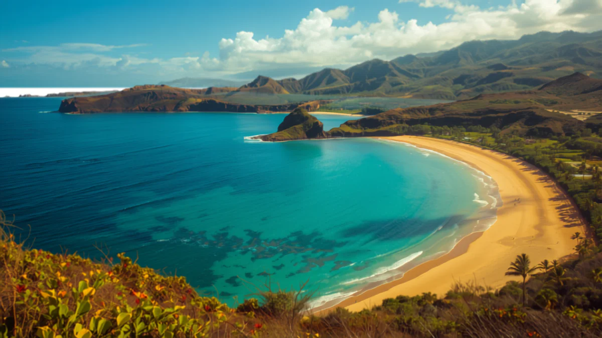 Waimea Bay on the North Shore of Oahu seen from the highway above, with turquoise water and a golden sand crescent