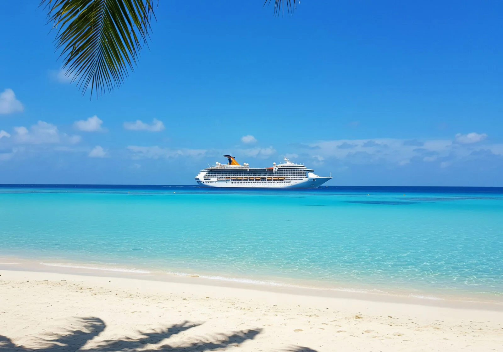 A cruise ship at anchor offshore seen past palm fronds from an azure beach