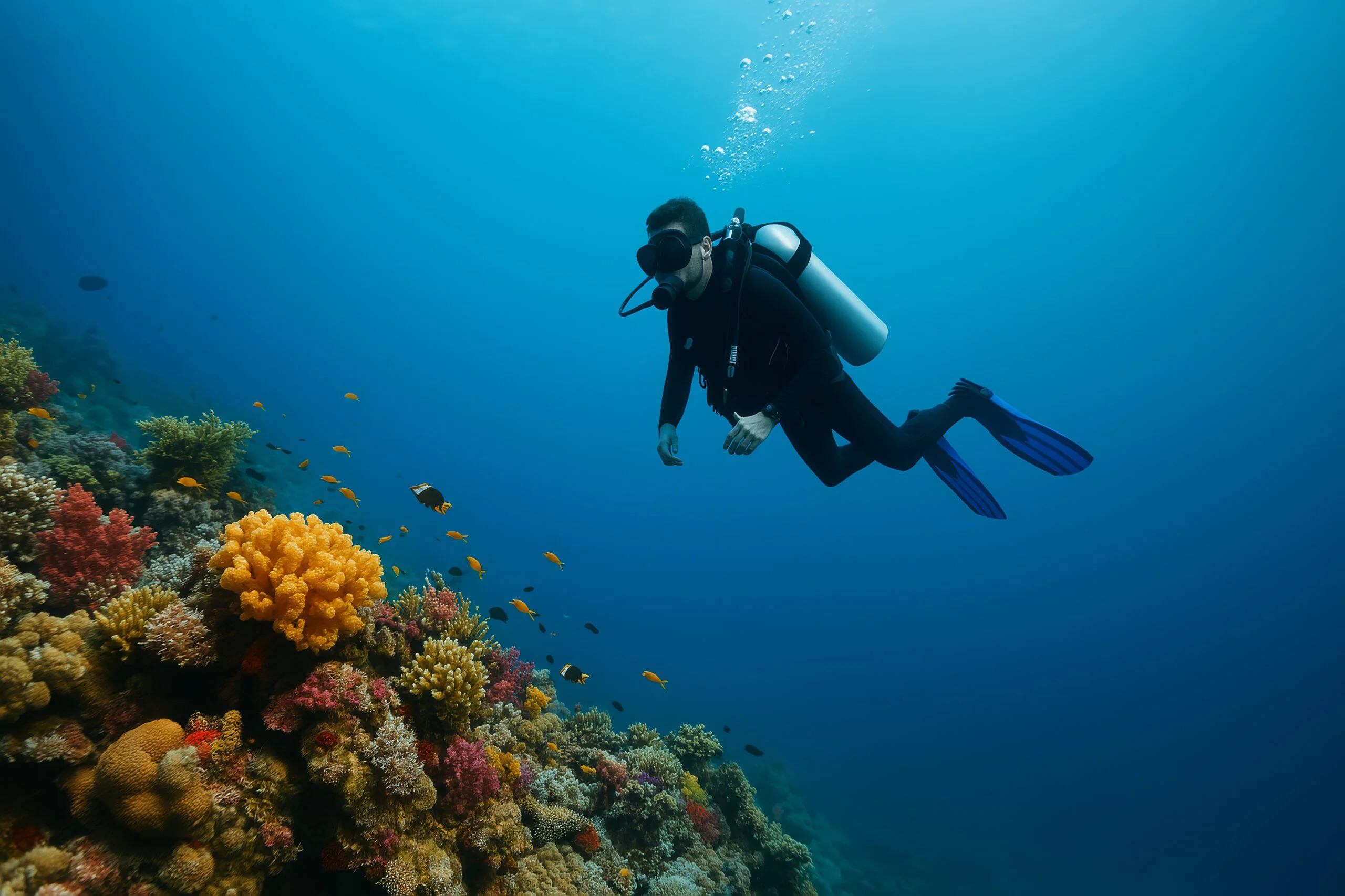 Divers exploring vibrant coral formations in clear blue water