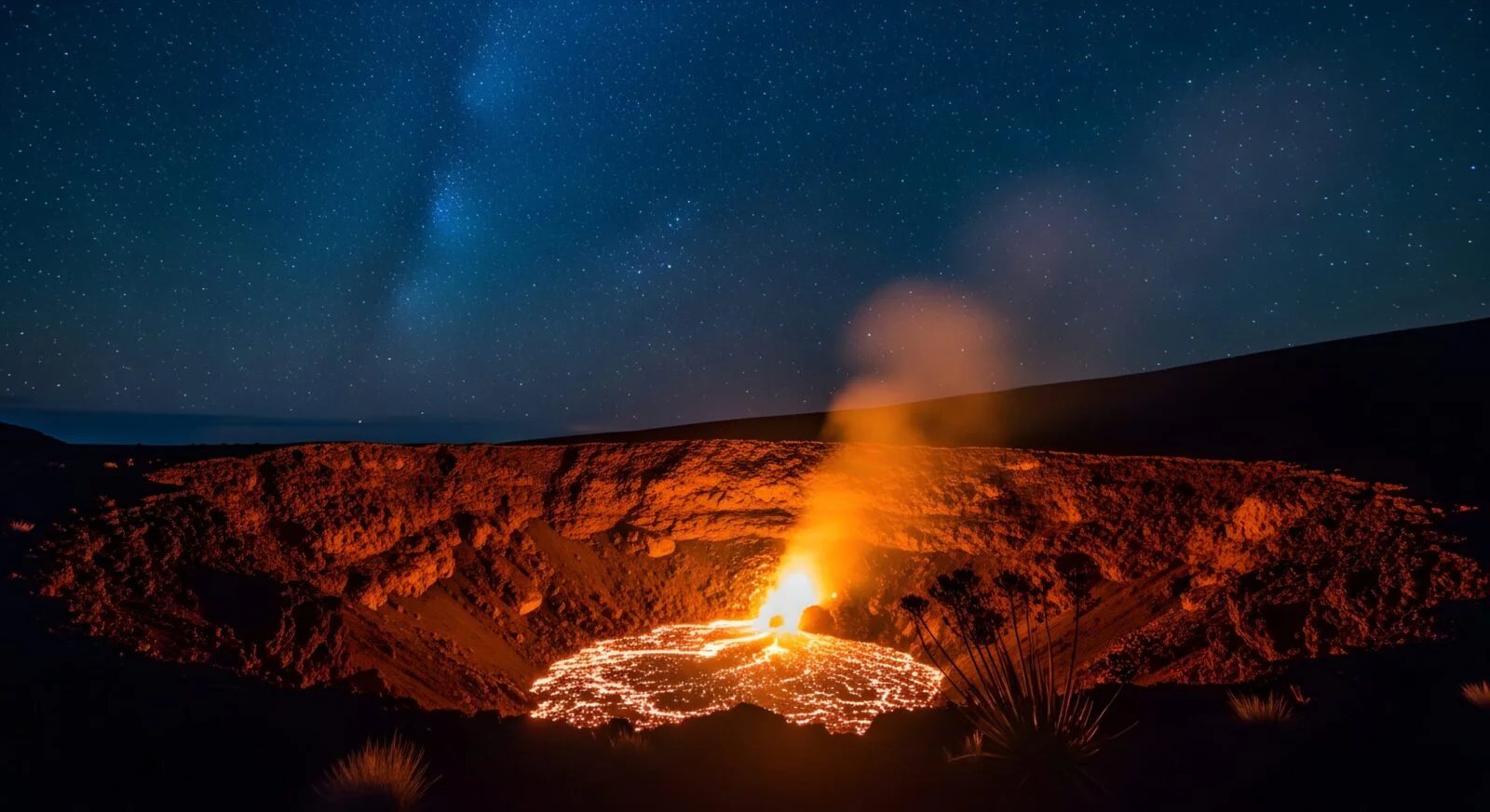 A star-filled night sky above the glowing summit of a volcano