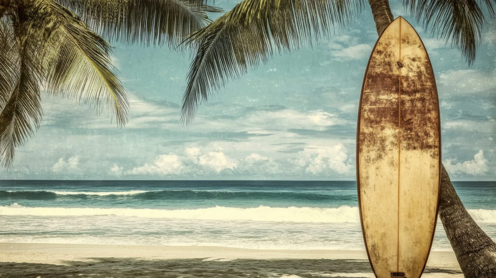 A single surfboard resting under palm trees on a quiet beach at sunrise