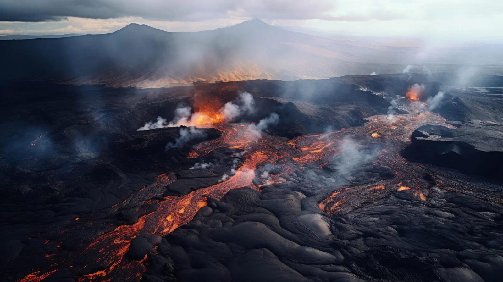 Drone view over a wide black lava field and volcanic landscape