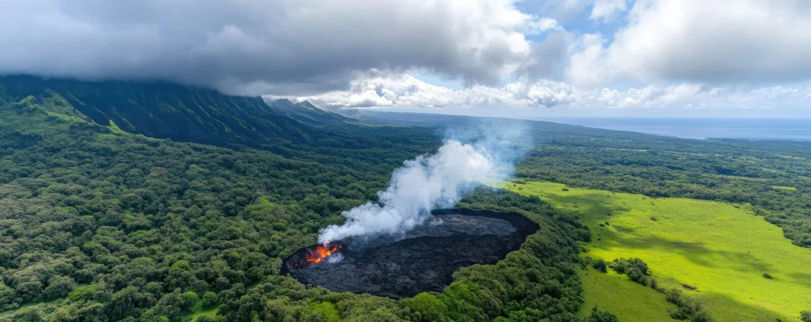 Aerial view of a steaming volcanic crater surrounded by green rainforest